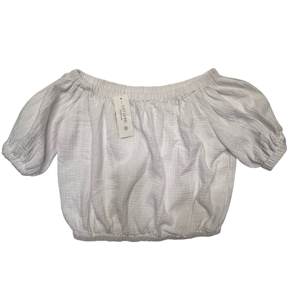 Just Living White Puff Sleeve Crop Top 100%‎ Cotton Gauze NWT Size M
